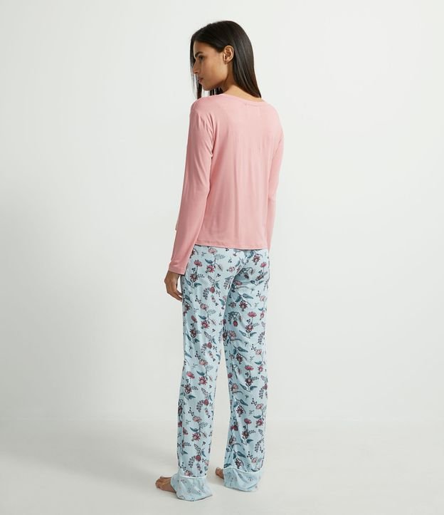 Pijama Blusa Manga Larga y Pantalón con Estampa de Flores en Viscolycra Rosado 2