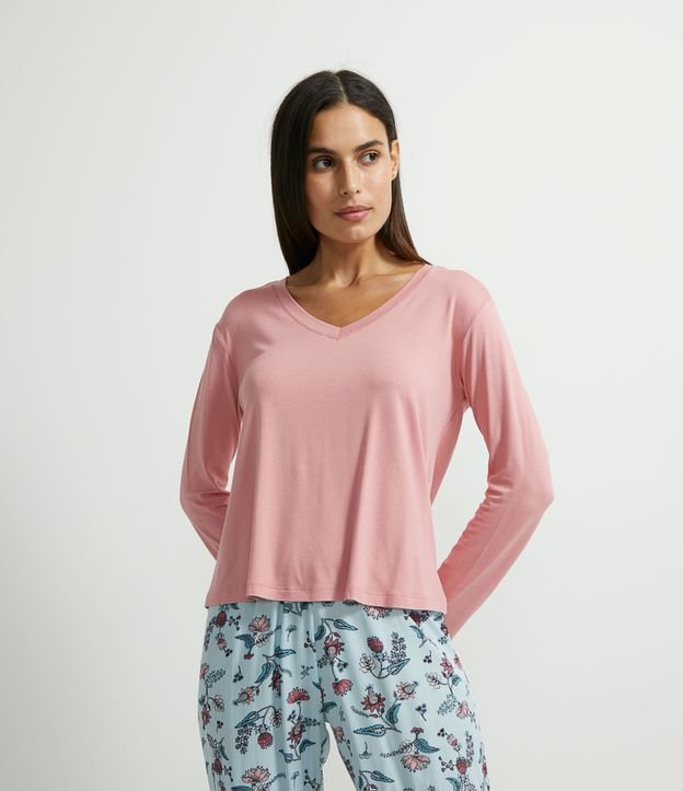 Pijama Blusa Manga Larga y Pantalón con Estampa de Flores en Viscolycra Rosado 3