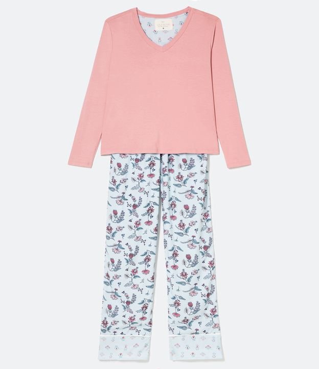 Pijama Blusa Manga Larga y Pantalón con Estampa de Flores en Viscolycra Rosado 6