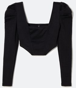 Blusa Cropped em Ponto Roma com Manga Longa Bufante Estilo Corset