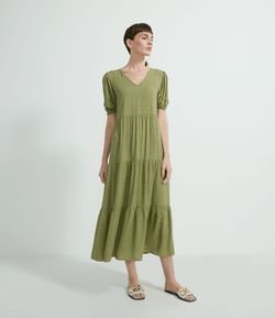 Vestido Midi em Viscose Estampa Poá com Mangas Bufantes