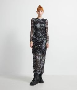 Vestido Midi em Tule Estampa Mística com Repuxados