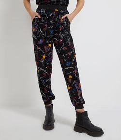 Calça Jogger em Viscose com Estampa de Rabiscos Coloridos