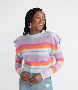 Blusa em Tricô com Listras Horizontais e Detalhe no Ombro