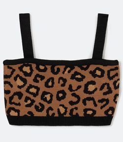 Blusa Super Cropped em Tricô Jacquard Animal Print Onça