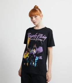 Blusa Alongada em Algodão com Manga Curta e Estampa Prince Purple Rain
