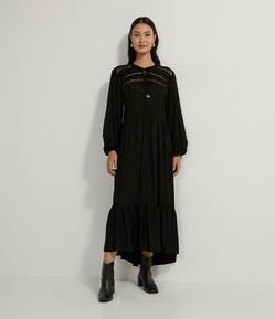 Vestido Midi Manga Longa Bufante e Babados na Saia