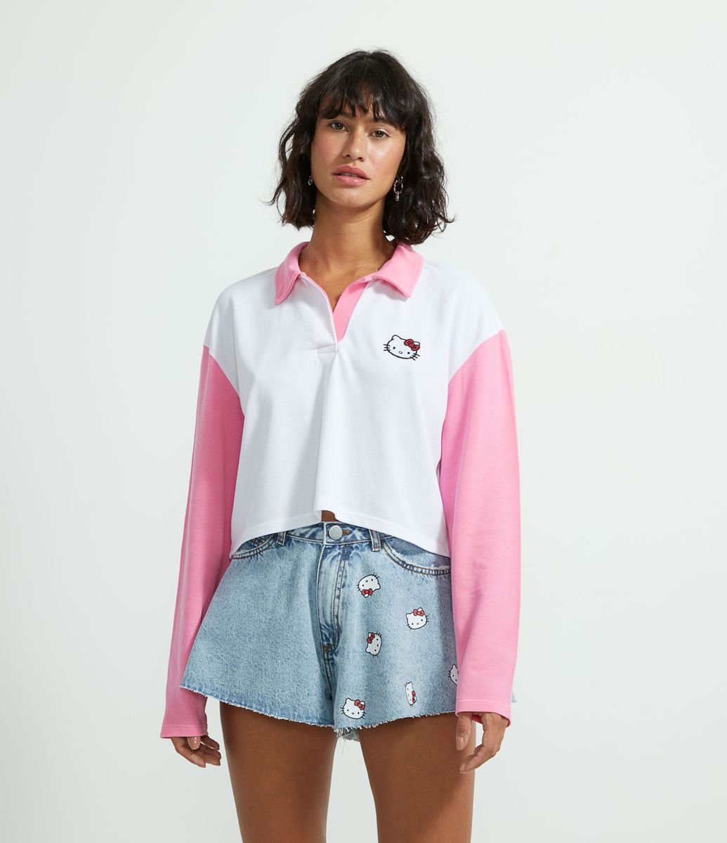 Blusa Cropped em Algodão Estampa Hello Kitty