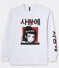 Blusão Fechado em Moletom Estampa Escritas Personagem Mangá