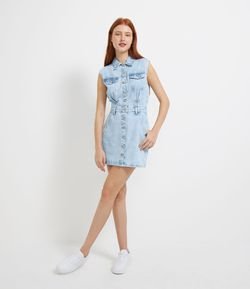 Vestido Curto Jeans Sem Estampa Com Bolsos