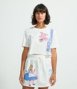 Blusa Cropped em Algodão Estampa Alice e o Gato