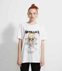 Blusa Alongada em Algodão com Mangas Curtas Estampa Metallica
