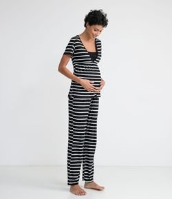 Pijama em Viscolycra Listrada com Blusa Manga Curta e Calça Maternity