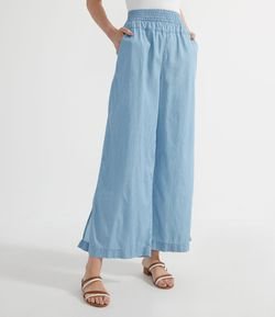Calça Pantalona Jeans com Cós Elástico e Fenda