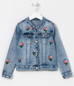 Jaqueta Infantil em Jeans com Bordado Floral - Tam 5 a 14 anos