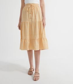 Saia Midi em Algodão Estampa Listras com Babados