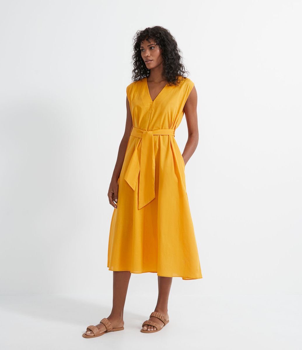 Menor preço em Vestido Midi com Decote V em Algodão e Cinto Faixa
