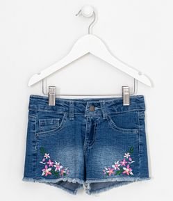 Short Infantil em Jeans com Bordados de Flores - Tam 5 a 14 anos
