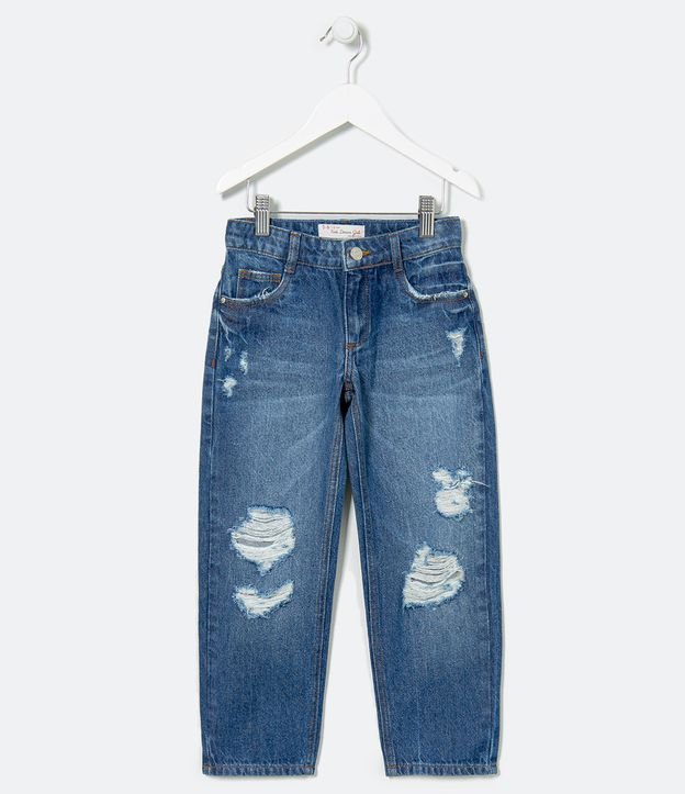 Calça Mom Infantil em Jeans com Puídos - Tam 1 a 5 anos Azul 1