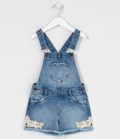 Jardineira Jeans Infantil com Detalhe de Renda - Tam 5 a 14 anos Menor preço em Jardineira Jeans Infantil com Detalhe de Renda - Tam 5 a 14 anos