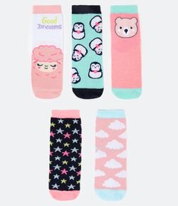 Kit 5 Meias Infantil Estampas Urso Pinguim e Ovelha - Tam 19 a 34