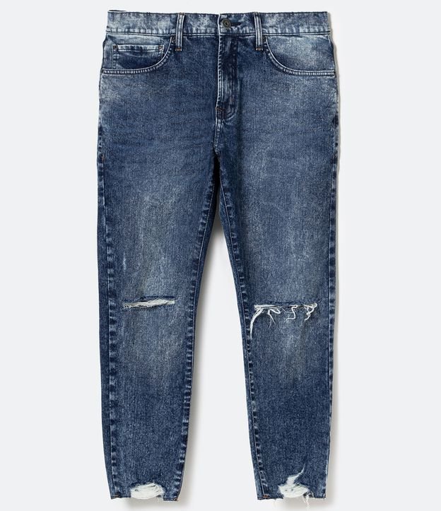 Calça Cropped Jeans Marmorizada com Barra Destroyed Azul 5