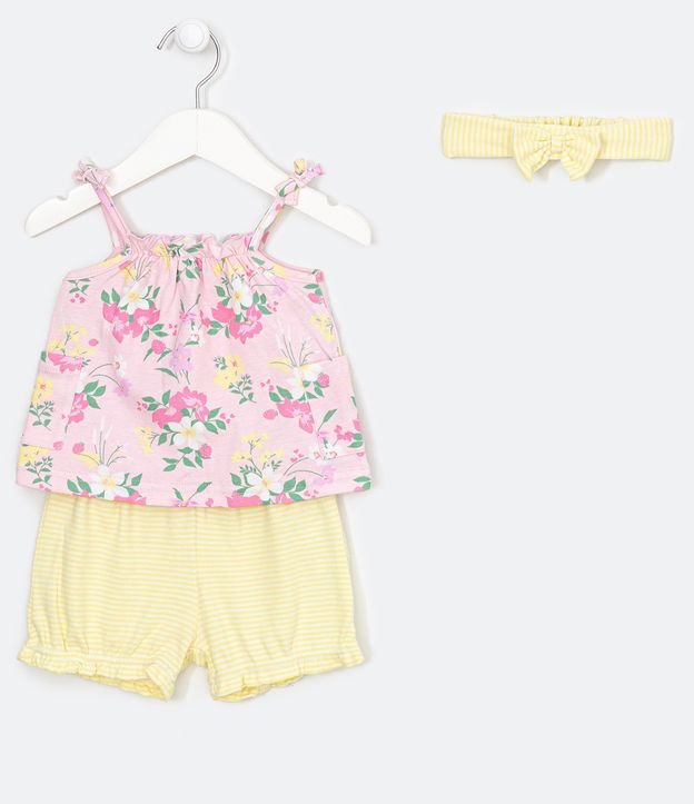 Conjunto Infantil Blusa con Estampado Floral Short Rayado y Accesorio para el Pelo - Talle 0 a 18 meses Rosado 1