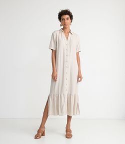 Vestido Longo Chemise em Viscolinho com Botões Frontais e Babado na Barra