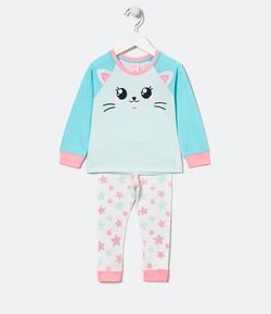Pijama Infantil Longo em Algodão Estampa Gatinha Sereia - Tam 1 a 4 anos