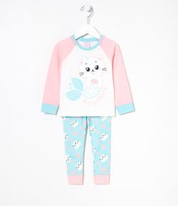 Pijama Infantil Longo Estampa Gata Sereia - Tam 1 a 4 anos