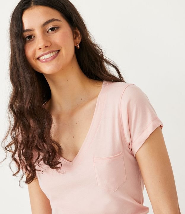 Blusa Básica en Algodón con Manga Corta y Bolsillo Pequeño Rosado 4