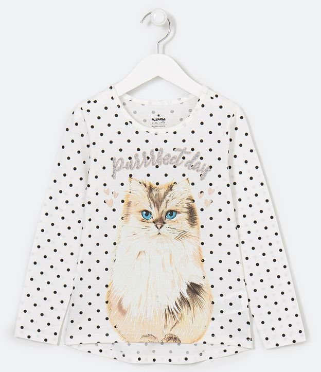 Blusa Infantil Poá com Estampa de Gato Fofo - Tam 5 a 14 anos