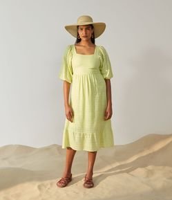 Vestido Midi em Algodão com Decote Quadrado e Mangas Bufantes