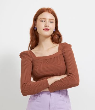Blusa em Tricô com Decote Quadrado e Manga Longa Menor preço em Blusa em Tricô com Decote Quadrado e Manga Longa