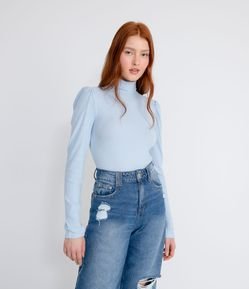Blusa em Ribana com Gola Alta e Manga Bufante
