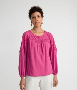 Blusa Bata em Algodão com Pala em Laise e Botões Forrados
