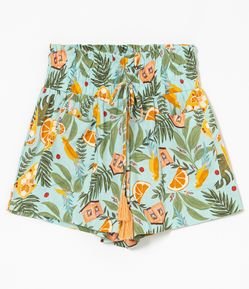 Short Clochard em Linho Estampa Paraíso com Cós Elástico e Amarração