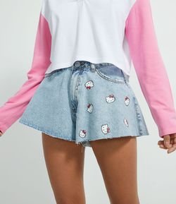 Short Godê Jeans Estampa Hello Kitty com Barra Desfiada