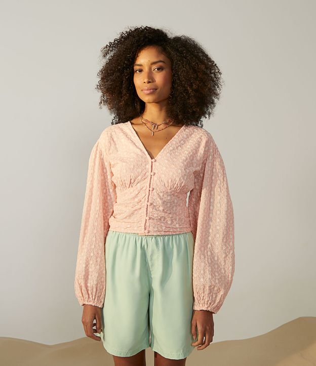 Blusa Curta em Laise com Mangas Bufantes e Amarração nas Costas