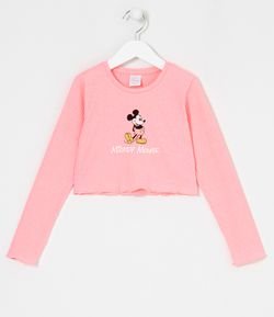 Blusa Cropped Infantil Neon Canelada com Estampa do Mickey - Tam 5 a 14 anos