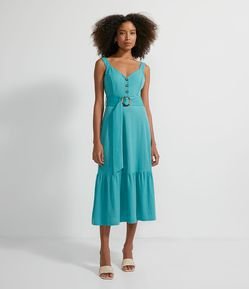 Vestido Midi em Orly com Alças Largas e Cinto com Fivela