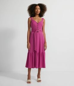 Vestido Midi em Orly com Alças Largas e Cinto com Fivela