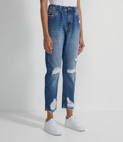 Calça Mom Jeans com Cós Elástico e Puídos