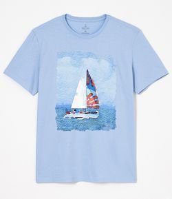 Camiseta Manga Curta em Algodão Estampa Barco Aquarela