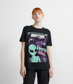 Blusa Alongada em Algodão com Manga Curta e Estampa E.T. Martian Chronicles