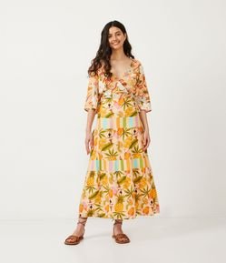 Blusa Cropped em Viscolinho com Estampa Bahia e Manga 3/4