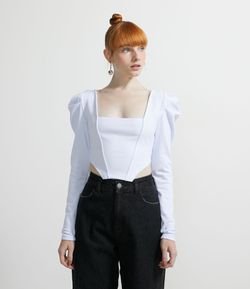Blusa Cropped em Ponto Roma com Manga Longa Bufante Estilo Corset