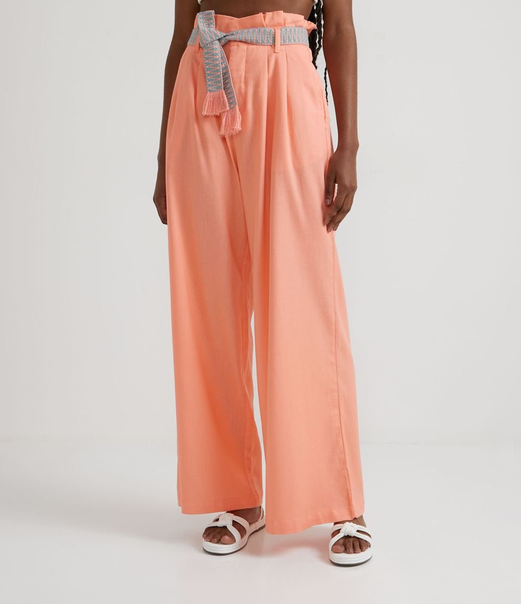 Calça Pantalona em Viscolinho com Cinto Faixa Bordado Laranja