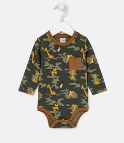 Body Infantil Camuflado com Estampa de Bichinhos - Tam 0 a 18 meses