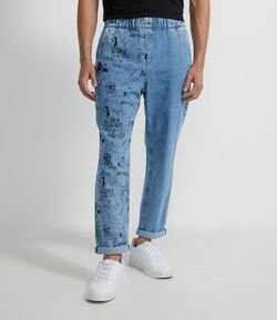 Calça Jeans Jogger com Estampa Namorados